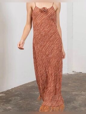 Moon River Anthropologie Rust Brown Maxi Dress Fringe Hem Abstract Print XS
